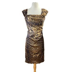 Tadashi Shoji Animal Print Sheath Dress Sz 4 Ruched Cap Sleeves Leopard Satin